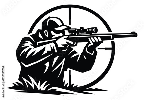 Stylized illustration of a hunter depicting aiming a rifle with a scope for hunting sport