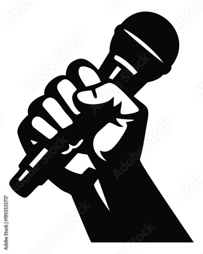 Bold graphic illustration of a hand gripping a microphone depicting power and vocal expression for music, activism, and communication
