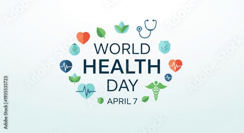 World health day logo with medical symbols and april 7 date on a light blue background