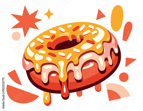 Colorful illustration of a donut depicting a glazed pastry with dripping icing and sprinkles for sweet treats and dessert designs