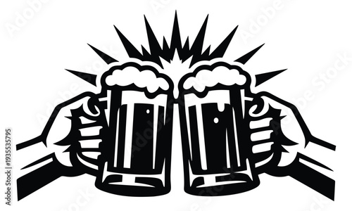 Monochromatic line art illustration of hands clinking beer mugs depicting a cheers for celebration
