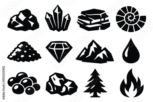 Simple abstract icon natural resources set featuring coal, crystals, diamond, mountains, and water for environmental concepts