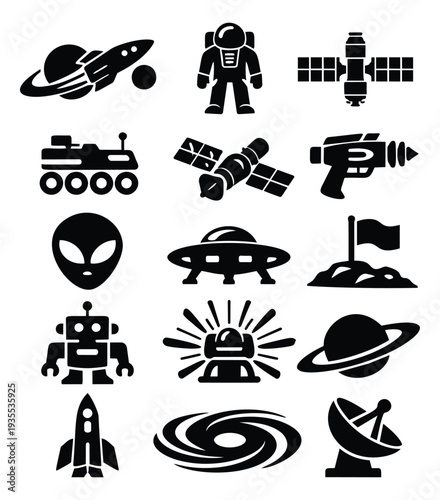 Modern space glyph set featuring an astronaut, rocket, and alien for science and technology