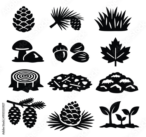 Nature icons set featuring pine cones, mushrooms, acorns, leaves, and sprouts for forest ecology themes