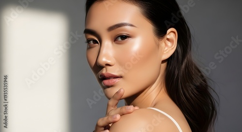Woman with radiant skin and subtle makeup poses in soft studio light