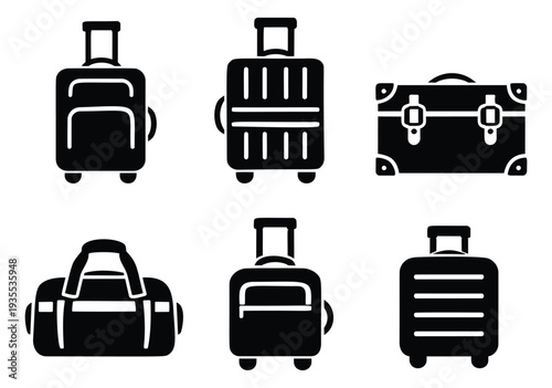 Modern glyph luggage icons set featuring various suitcases, duffel bags, and travel trunks for travel and transportation