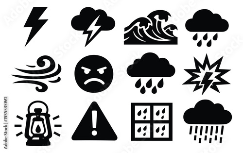 Simple icon weather and emergency set featuring stormy weather elements and warning signals for alerts and applications