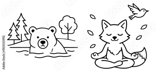 Line art animal illustrations set featuring a swimming bear and a meditating fox for children's books and nature designs