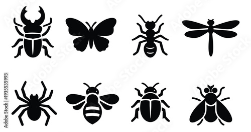 Solid bug icon set featuring a stag beetle, butterfly, ant, dragonfly, spider, bee, beetle, and fly for nature-themed designs