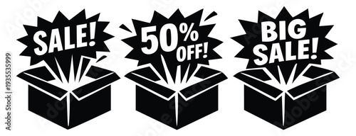 Graphic sale box icon set featuring discount and promotion messages for retail marketing