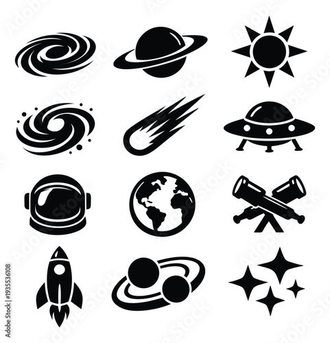 Simple space icon set featuring planets, galaxies, rocket, and astronaut helmet for astronomy, science, and exploration projects