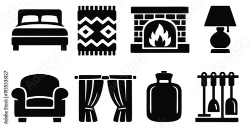 Silhouette home interior set featuring a bed, fireplace, and armchair for interior design projects