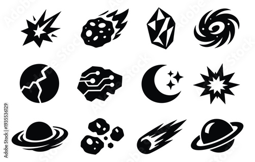 Icon space elements set featuring meteors, planets, stars, and galaxies for science projects and game design