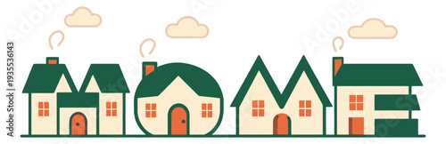 Stylized home wordmark set featuring individual houses with chimneys and clouds for real estate and community concepts