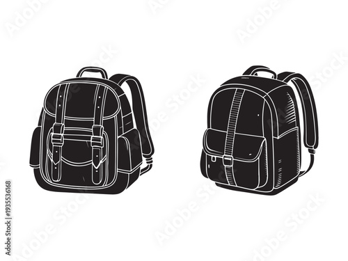 Two black backpacks with white outlines shown from front and back isolated on white background