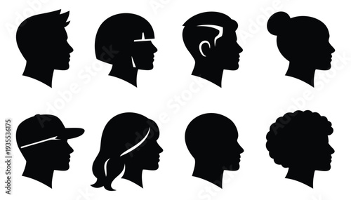 Silhouette head profiles set featuring diverse hairstyles and genders for user avatars and social media icons