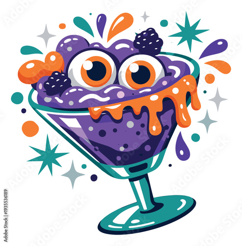 Cartoon illustration of a spooky cocktail depicting creepy eyeballs and melting goo for a Halloween party