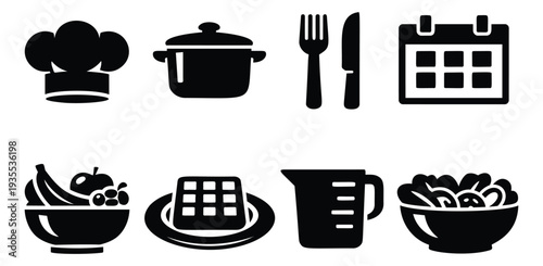 Simple glyph kitchen and dining set featuring a chef hat, cooking pot, cutlery, and various food items for culinary and meal preparation concepts