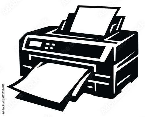 Stylized illustration of a printer depicting paper input and output for office usage