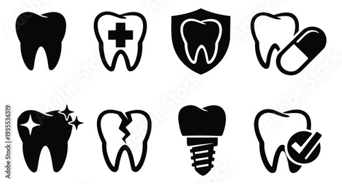 Simple dental icon set featuring healthy, damaged, and protected teeth with medical care symbols for dental clinics and oral health