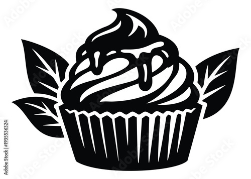 Stylized illustration of a cupcake depicting dripping frosting and decorative leaves for dessert concepts