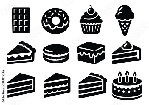 Sweet silhouette desserts set featuring a chocolate bar, donut, cupcake, ice cream, macaron, and various cake slices for bakery and pastry shop designs