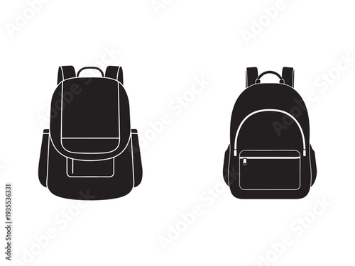 Two black backpacks with white outlines side by side on white background