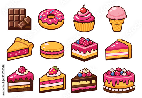 Cartoon hand drawn desserts set featuring chocolate, donut, cupcake, and various cake slices for sweet snack promotions or dessert menus