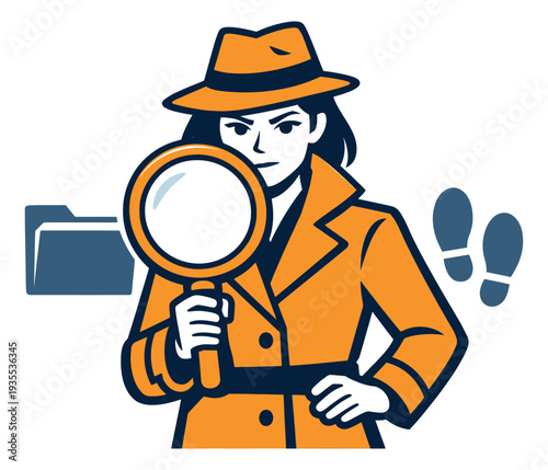 Bold line art illustration of a female detective depicting an investigation for search and analysis concepts