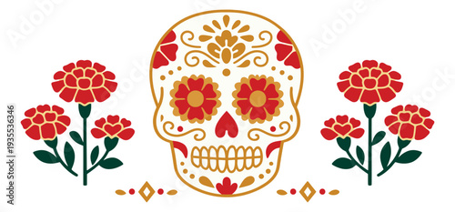 Stylized mexican illustration of a sugar skull depicting flowers and traditional patterns for Day of the Dead celebration