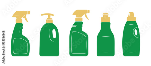 Cleaning solution bottle symbols collection in bright vector style.