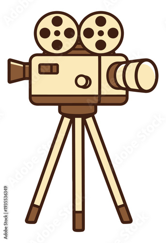 Cartoon line art illustration of a vintage movie camera depicting classic filmmaking equipment on a tripod for cinema