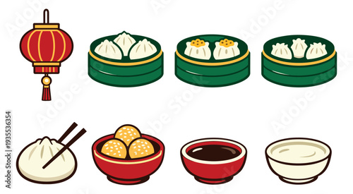 Hand drawn food icons set featuring dim sum, steamed buns, a lantern, and sauces for Asian cuisine