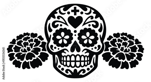 Stylized illustration of a sugar skull depicting ornate decorations and marigold flowers for a day of the dead celebration