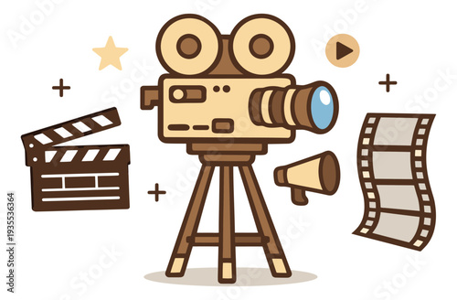 Cute line art movie production equipment set featuring a vintage film camera, clapperboard, film reel, and megaphone for filmmaking and cinema industry