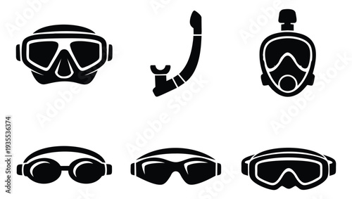 Silhouette water sports equipment set featuring diving masks, a snorkel, and goggles for aquatic activities