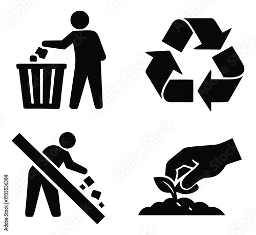 Modern solid glyph environmental icons set featuring recycling, waste disposal, and planting for eco-friendly design