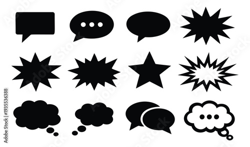 Graphic icon set featuring various speech bubbles, thought bubbles, and comic burst elements for design projects and communication interfaces
