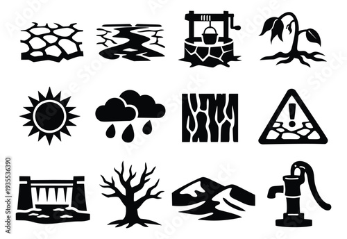 Simple icon set featuring symbols of drought, water scarcity, and environmental problems for ecological and climate change concepts