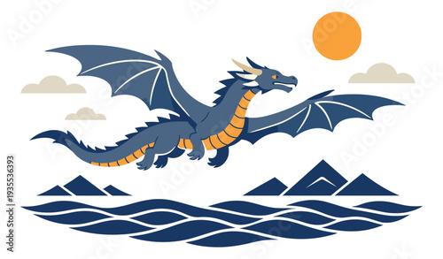 Flat style illustration of a dragon depicting a mythical creature flying over water and mountains for fantasy stories