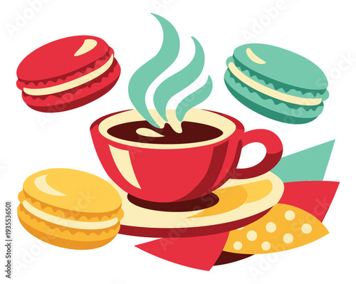 Graphic cafe items set featuring a cup of hot coffee and colorful macarons for sweet treats