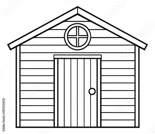 Line art illustration of a shed depicting a garden storage building for backyard projects