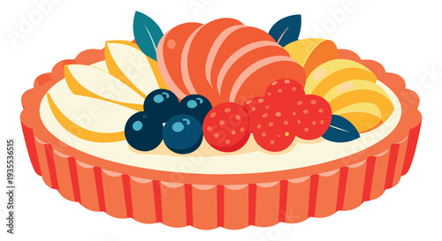 Colorful flat design illustration of a fruit tart depicting sweet berries and sliced fruits for a dessert menu