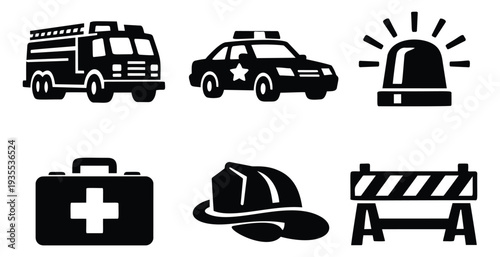 Solid icon public safety set featuring a fire truck, police car, and first aid kit for emergency response