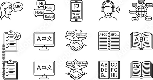 Language Learning and Translation Line Icon Set with Speech Bubbles, Dictionary, Online Course, Multilingual Communication, Vocabulary Book and Education Symbols