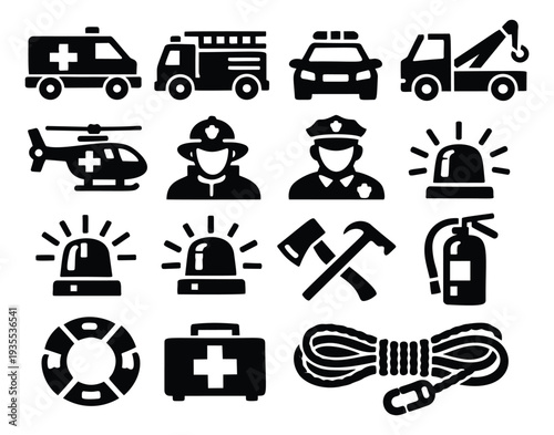 Simple graphic emergency service icon set featuring rescue vehicles, personnel, and equipment for public safety