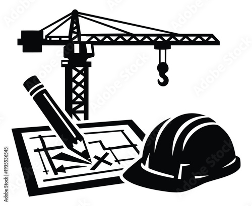 Graphic construction set featuring a tower crane, hard hat, and blueprint for building and architecture