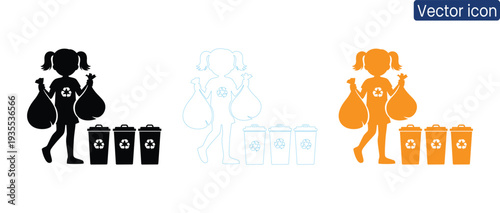 Vibrant vector icons of a girl collecting trash for recycling, promoting eco-friendly practices and environmental responsibility