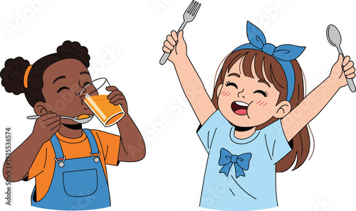 Set of Cute Little Girls Eating and Drinking, Joyful Child Having Breakfast or Healthy Meal Vector Illustration