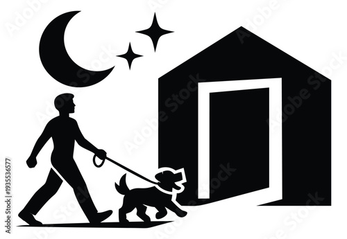 Graphic illustration of a person walking a dog depicting a nightly return home for pet care